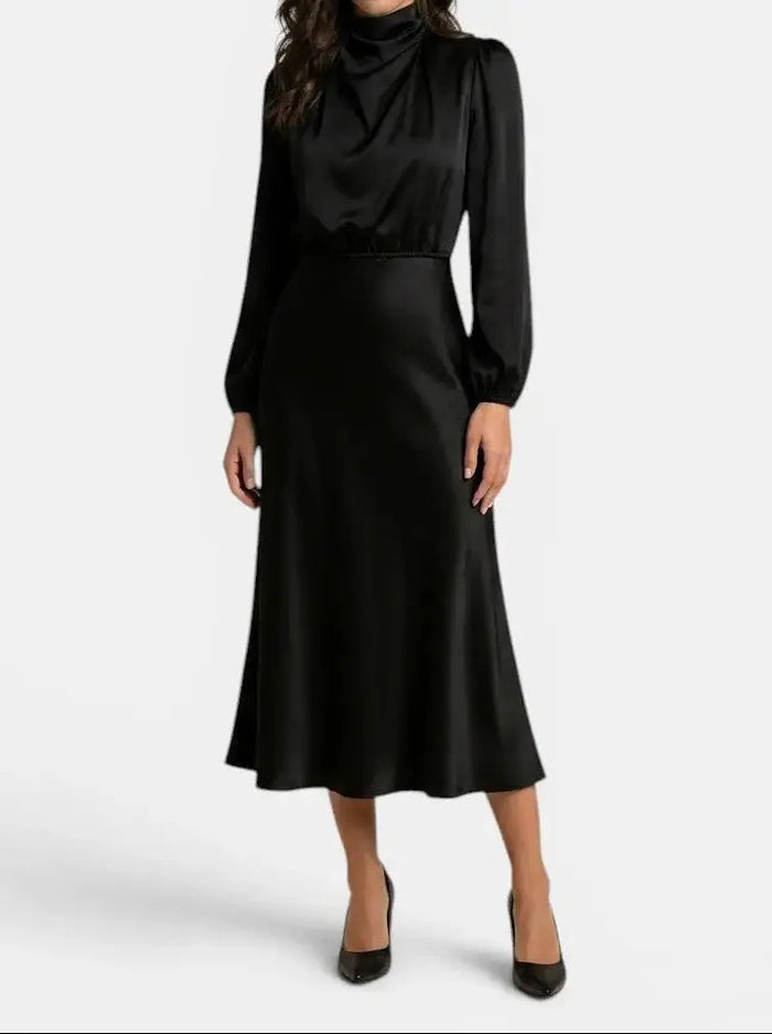 Elegant women's high neck midi dress by LondonLaneStore featuring long sleeves and sophisticated cocktail gown style.