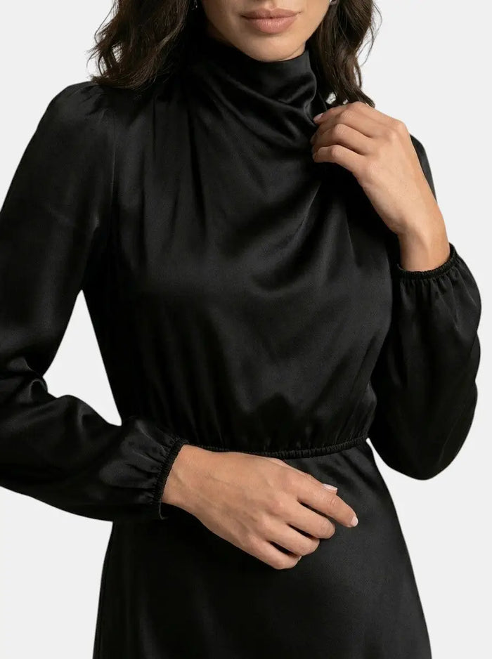Elegant women's high-neck midi dress by LondonLaneStore, featuring sophisticated long sleeves and a stylish cocktail gown design.