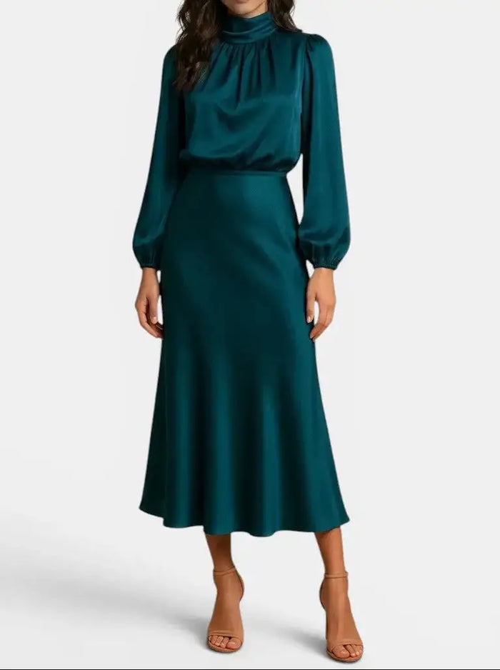 Elegant women's high neck midi dress by LondonLaneStore featuring long sleeves and sophisticated design for formal occasions.