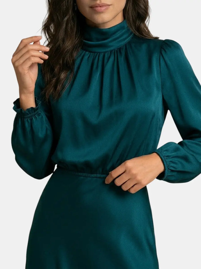 Elegant women's high-neck midi dress by LondonLaneStore featuring long sleeves and a sophisticated cocktail gown design.