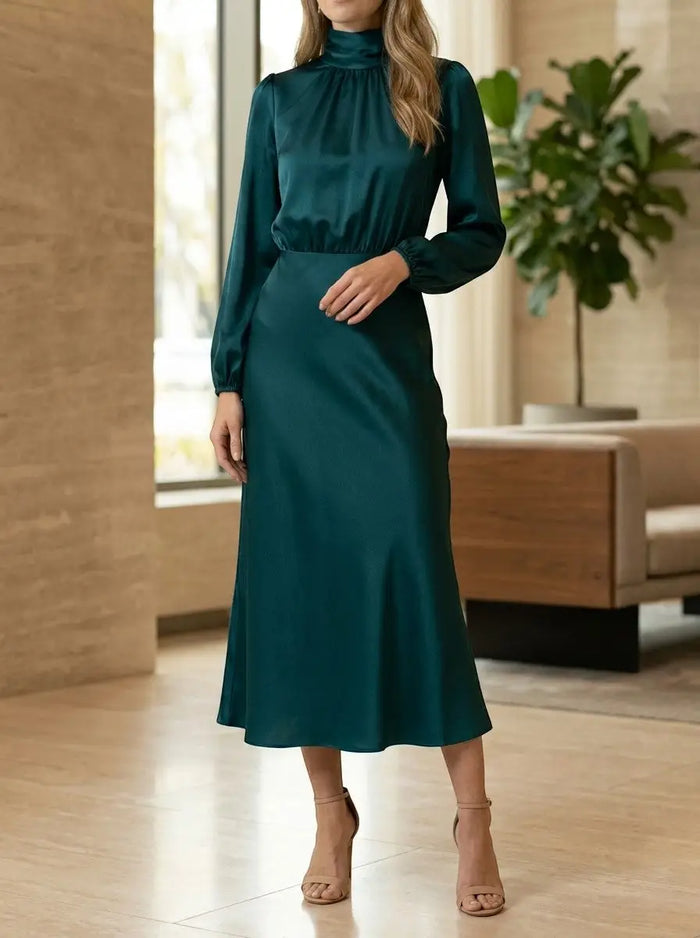 Elegant women's high-waist midi dress by LondonLaneStore featuring long sleeves and a sophisticated formal cocktail gown style.