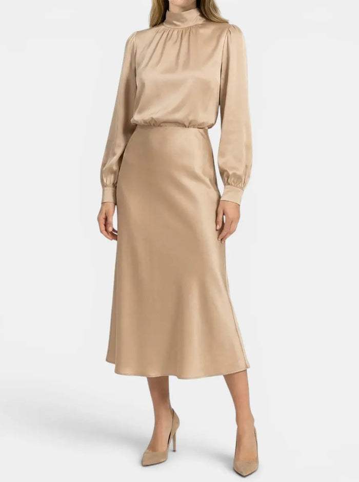 Elegant women's high-waist midi dress by LondonLaneStore, featuring long sleeves and a sophisticated formal cocktail gown style.