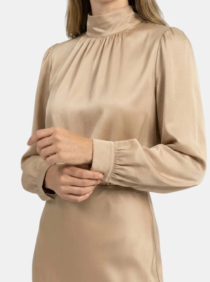 Elegant women's high-waist midi dress by LondonLaneStore featuring long sleeves and a sophisticated formal cocktail gown style.
