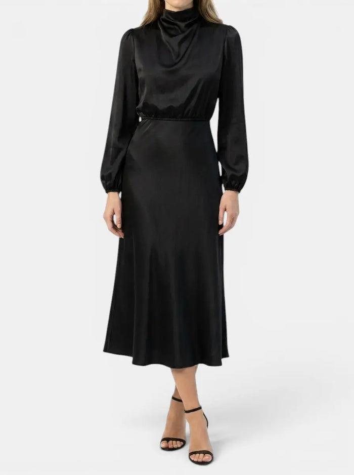 Elegant women's high-waist midi dress by LondonLaneStore featuring long sleeves, perfect for formal or cocktail occasions.