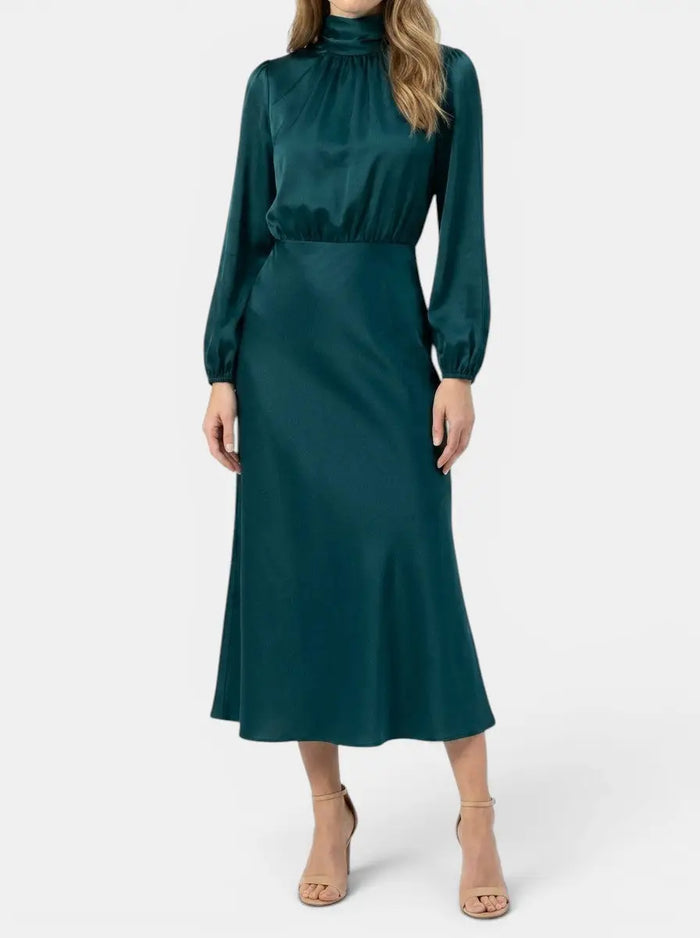 Elegant women's high-waist midi dress from LondonLaneStore with long sleeves, perfect for formal and cocktail occasions.
