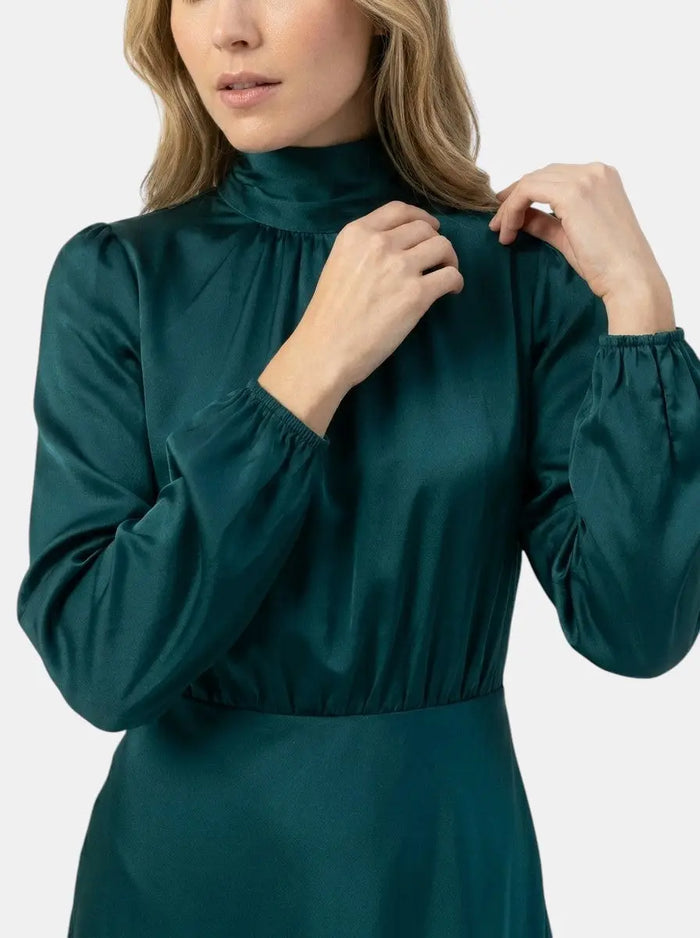 Elegant high-waist midi dress for women by LondonLaneStore, featuring long sleeves and a sophisticated formal cocktail style.