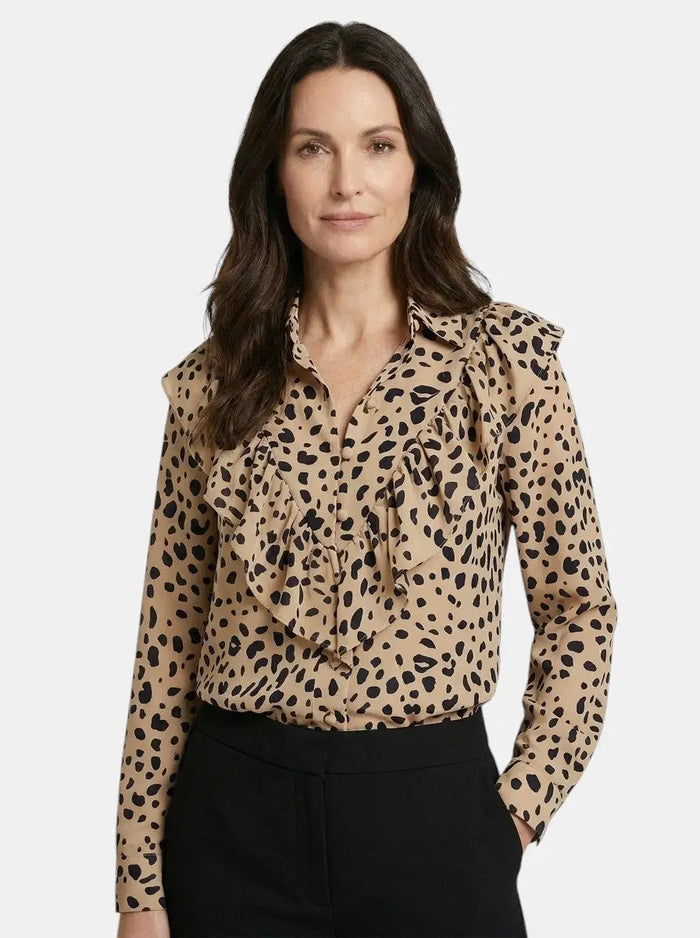 Women's leopard print long sleeve blouse by LondonLaneStore, stylish all-season top with elegant design and comfortable fit.