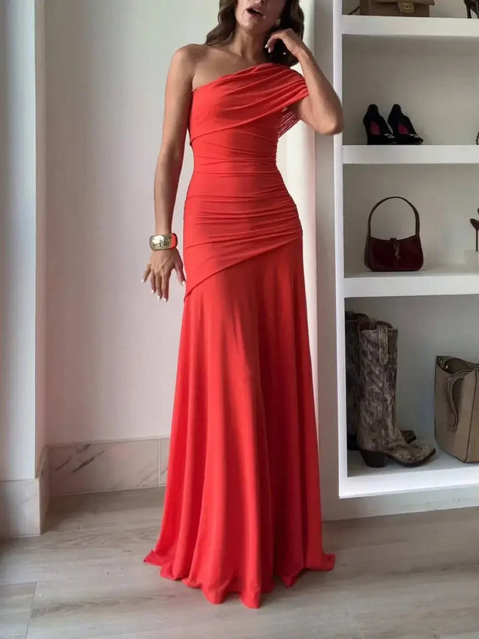 Women’s elegant maxi dress with asymmetric neckline, gathered fabric, perfect for formal evening occasions, by LondonLaneStore.