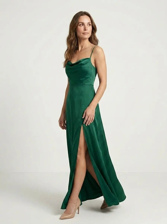 Women's elegant sleeveless maxi dress with draped neckline, evening gown style from LondonLaneStore.