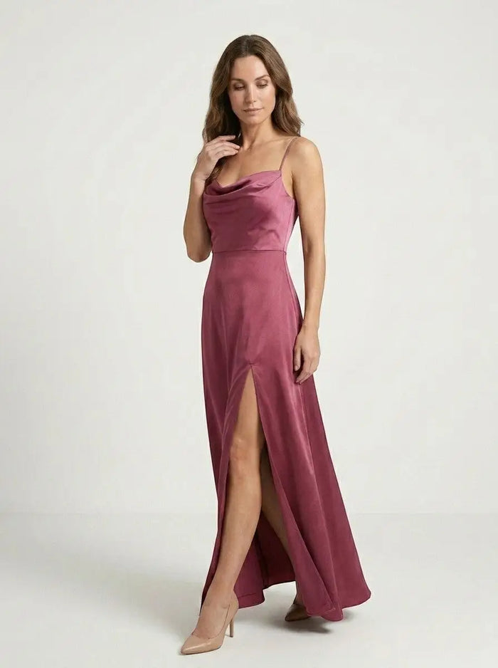 Women's sleeveless elegant maxi dress with draped neckline by LondonLaneStore, perfect for evening occasions.