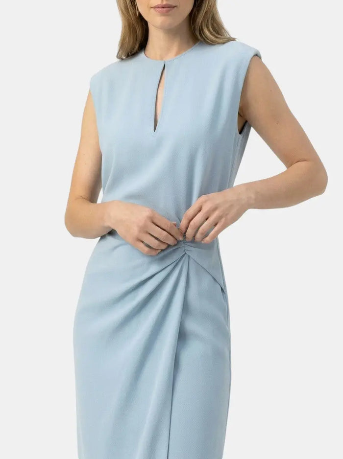 Women's elegant midi cocktail dress by LondonLaneStore featuring a keyhole neckline and ruched waist, shown on a model.