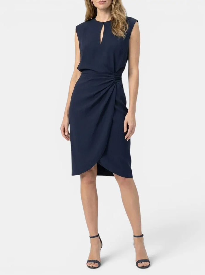 Elegant women's midi cocktail dress with keyhole neckline and ruched waist, perfect for formal occasions, by LondonLaneStore.