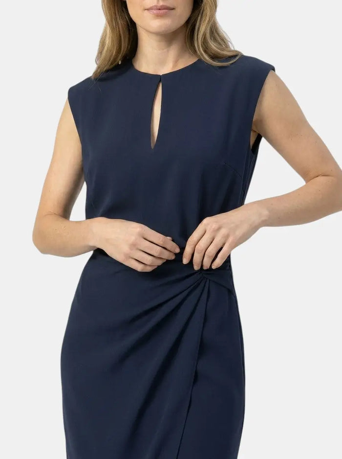 Elegant women's midi cocktail dress with keyhole neckline and ruched waist, featuring a sophisticated and stylish design.