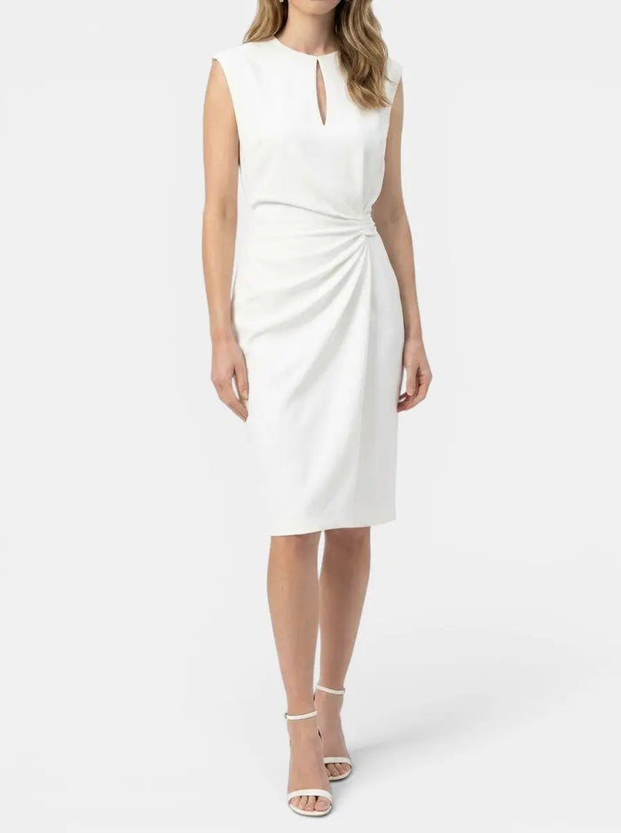 Women's elegant midi cocktail dress with keyhole neckline and ruched waist, featuring a stylish fit and sophisticated design.