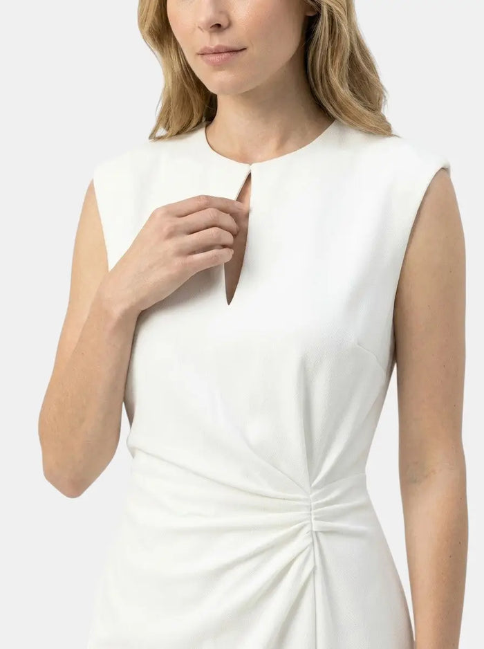Elegant women's midi cocktail dress with a keyhole neckline and ruched waist, featuring a sophisticated, form-fitting style.