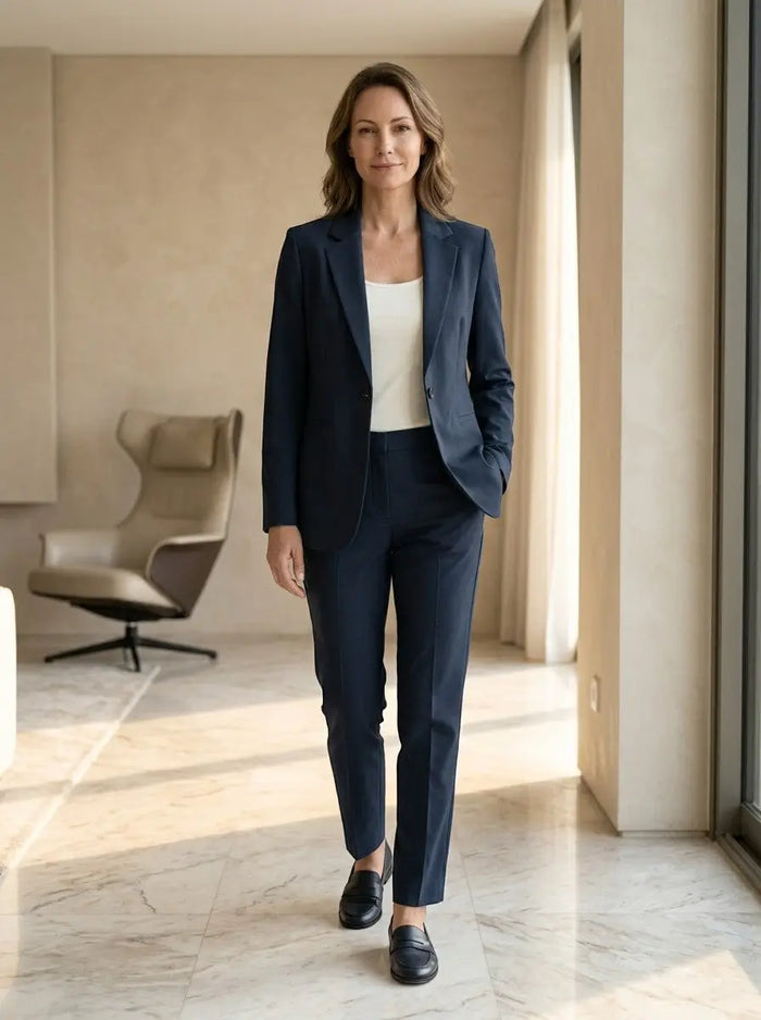 Elegant navy blue women's suit featuring a tailored blazer and straight-leg trousers, perfect for professional or formal occasions.
