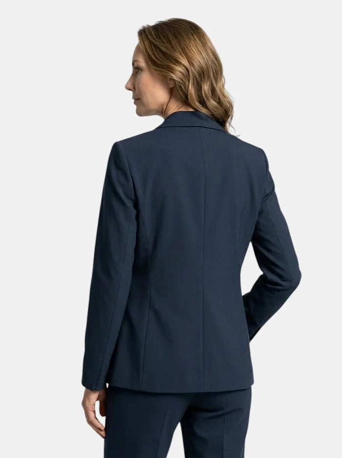 Women's navy blue tailored suit with blazer and straight-leg trousers, stylish and Elegant for professional or formal wear.