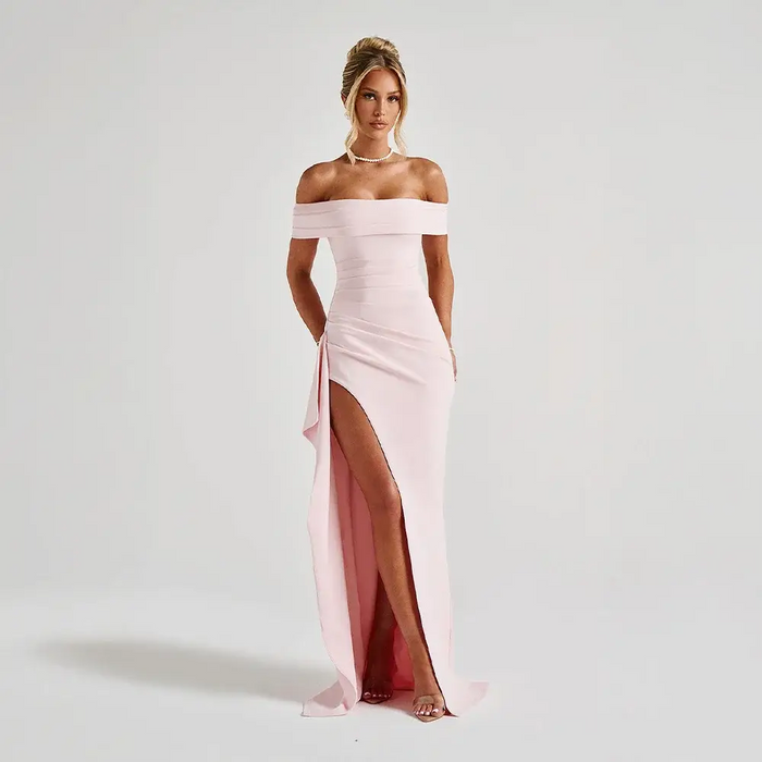 Women’s elegant off-shoulder maxi dress by LondonLaneStore featuring a floor-length design with a slit and bare shoulders.