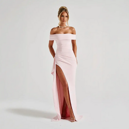 Women’s elegant off-shoulder maxi dress by LondonLaneStore featuring a floor-length design with a slit and bare shoulders.