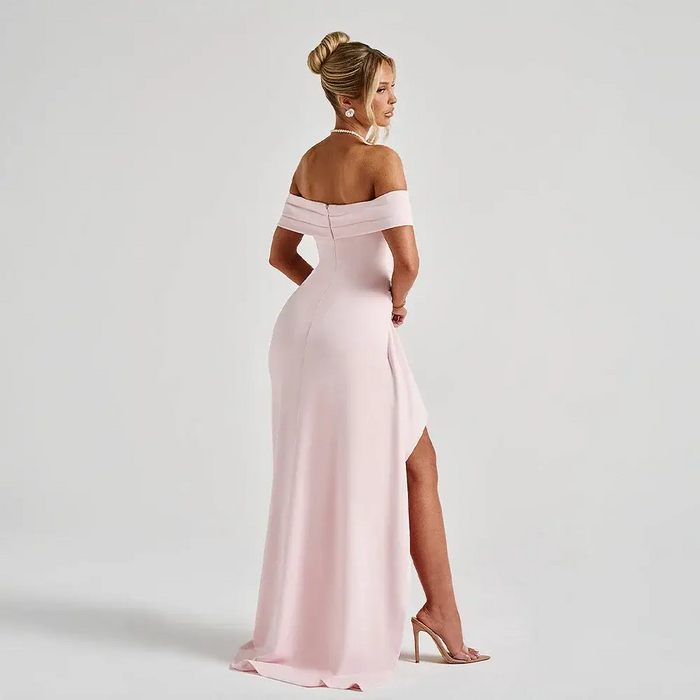 Elegant women's off-shoulder maxi dress by LondonLaneStore featuring a slit and floor-length design for sophisticated evening wear.