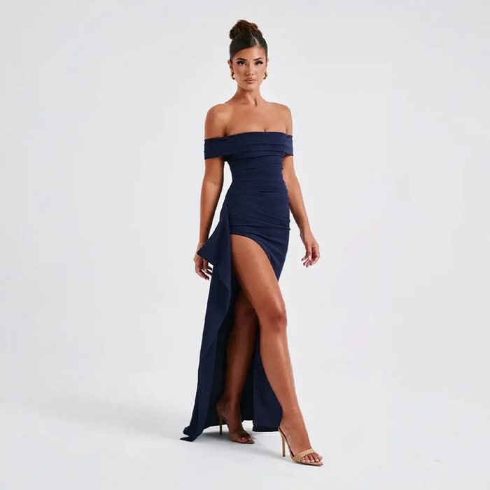Elegant women's off-shoulder maxi dress by LondonLaneStore featuring a floor-length design, slit, and sophisticated style.
