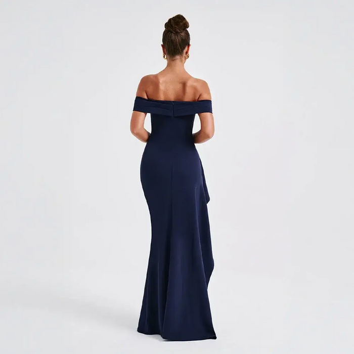 Elegant women's off-shoulder maxi dress by LondonLaneStore featuring a floor-length design with a side slit and sophisticated style.