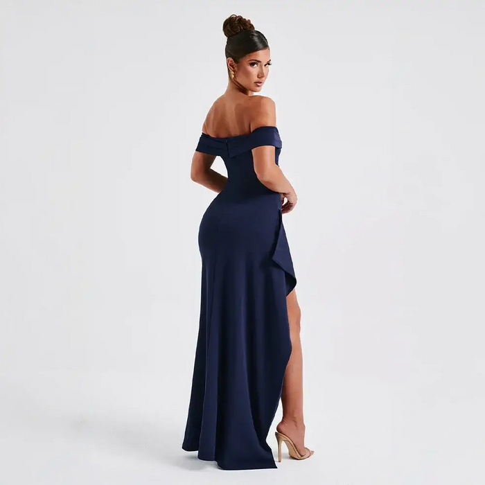 Women's elegant off-shoulder maxi dress with a slit, floor-length evening gown by LondonLaneStore, featuring a sophisticated design.