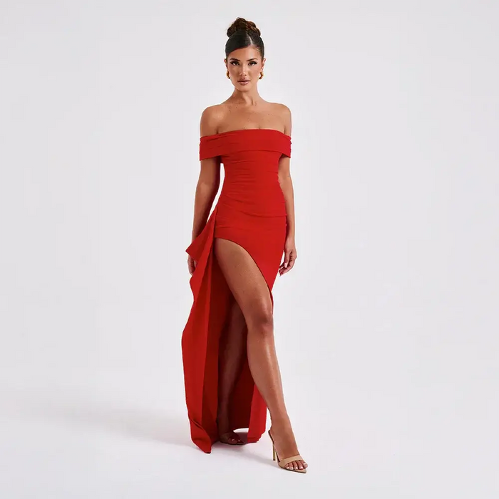 Elegant women's off-shoulder maxi dress by LondonLaneStore featuring a floor-length design, slit, and sophisticated style.