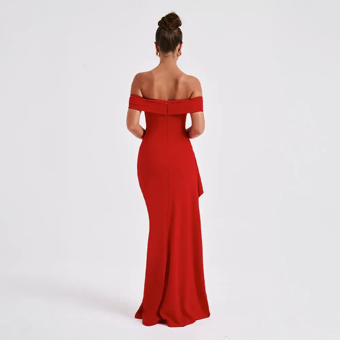 Women's elegant off-shoulder maxi dress by LondonLaneStore featuring a floor-length design, slit, and sophisticated style.