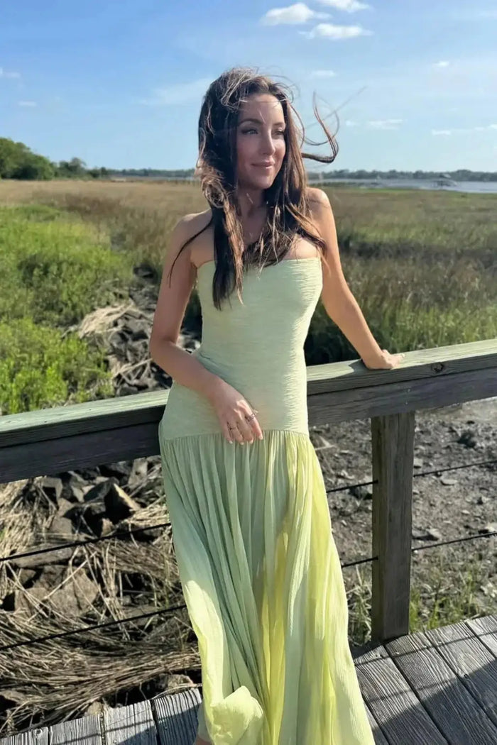Women's elegant strapless pleated maxi dress with a drop waist, featuring flowing fabric and a sophisticated evening gown silhouette.