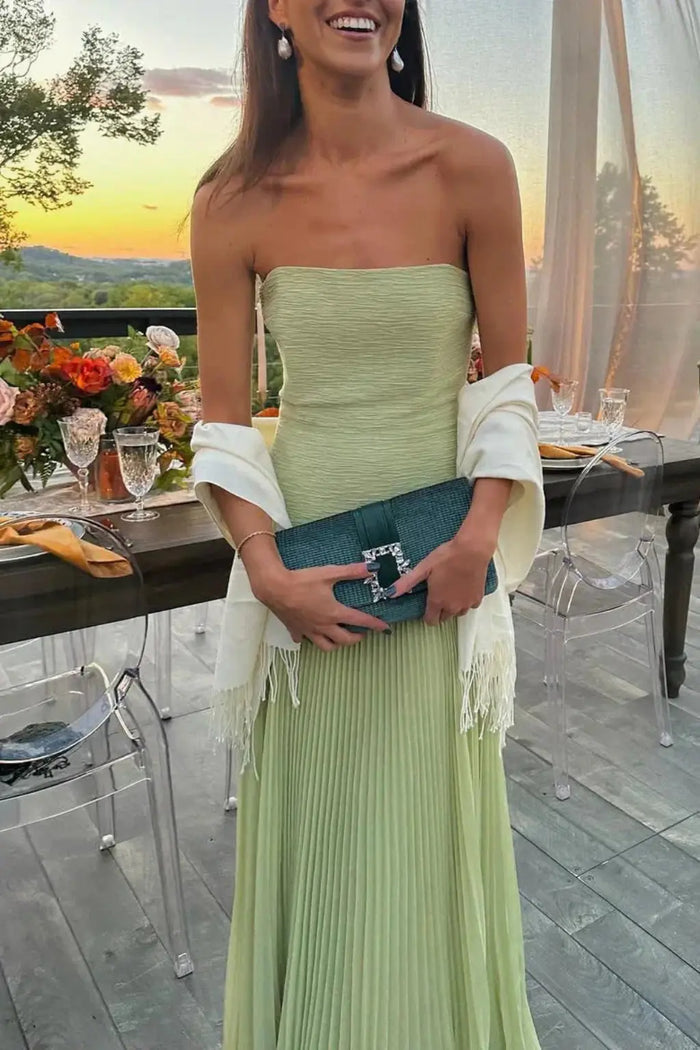 Women's strapless pleated maxi dress with drop waist in elegant style, featuring flowing fabric and a sophisticated silhouette.