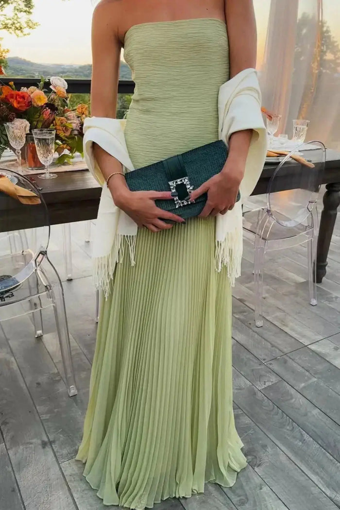 Women’s strapless pleated maxi dress with drop waist in elegant style, featuring flowing fabric and sophisticated design by LondonLaneStore.