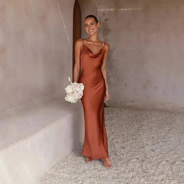 Elegant women's satin maxi dress with sleeveless design and draped cowl neck, perfect for formal occasions, by LondonLaneStore.