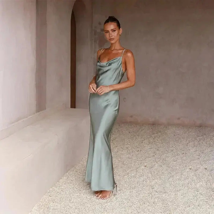 Women's elegant satin maxi dress with sleeveless design and draped cowl neck, stylish formal gown by LondonLaneStore.