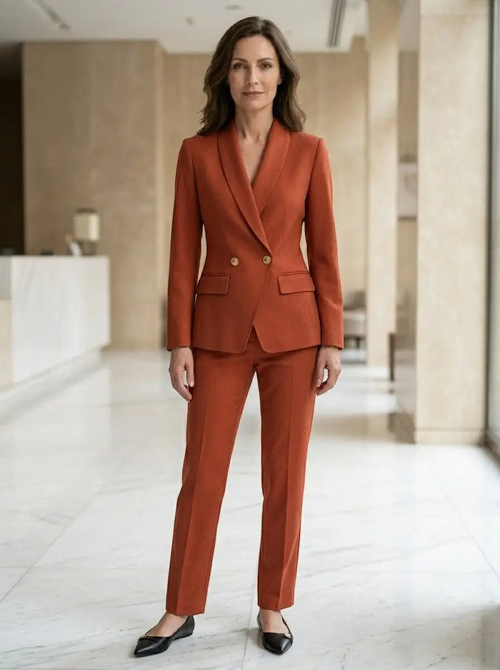 Women's elegant suit set featuring tailored blazer and straight-leg trousers, stylish and sophisticated for professional wear.