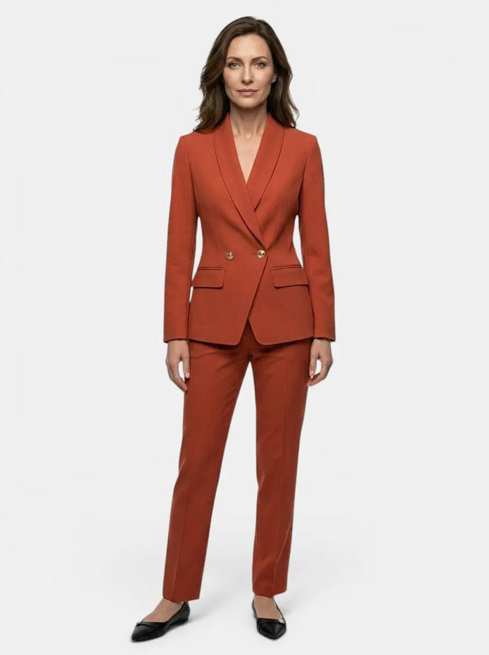 Women's elegant suit set with tailored blazer and straight-leg trousers, stylish and professional for office wear.
