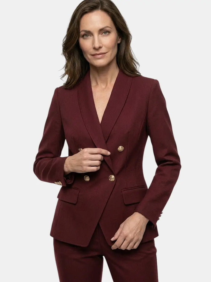Women's elegant suit set featuring a tailored blazer and straight-leg trousers, stylish and sophisticated for professional wear.