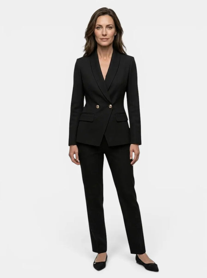 Women's elegant suit set featuring a tailored blazer and straight-leg trousers, stylish and sophisticated for professional wear.