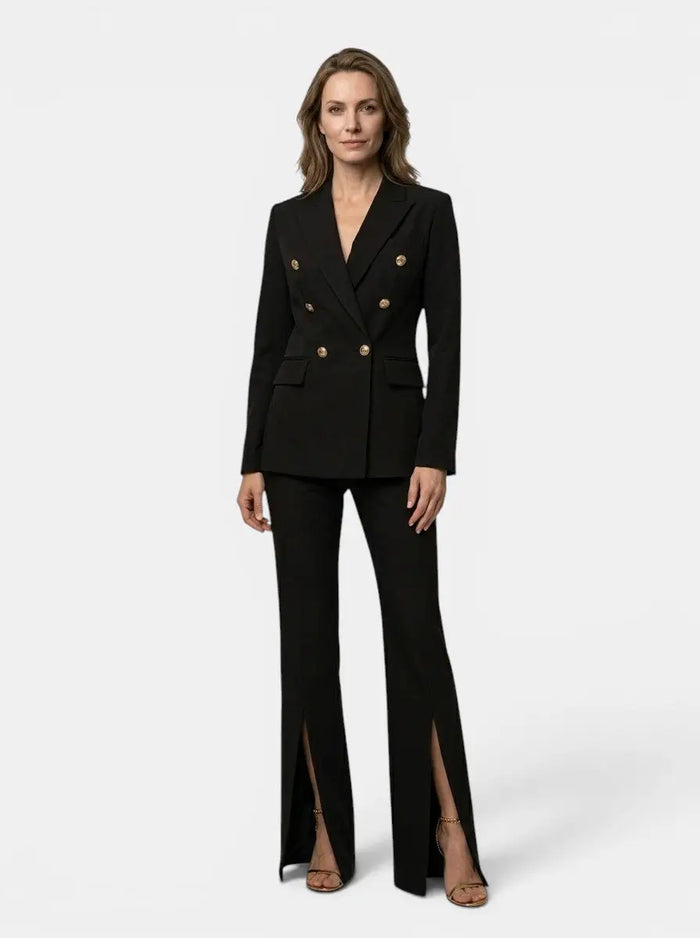 Women's elegant white suit featuring a tailored double-breasted blazer and flared trousers, perfect for sophisticated office wear.