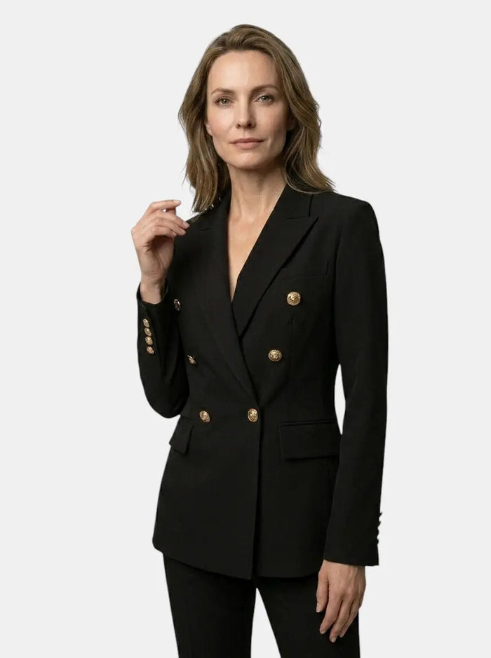 Women's elegant white suit with tailored double-breasted blazer and flared trousers, stylish women's suit by LondonLaneStore.