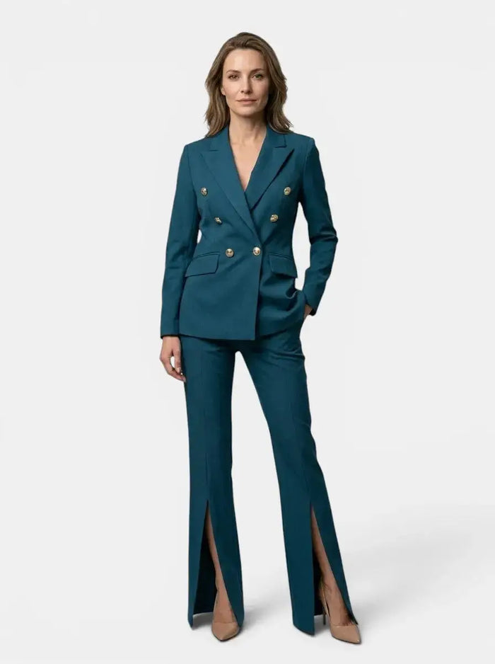 Women's elegant white suit from LondonLaneStore featuring a tailored double-breasted blazer and flared trousers.
