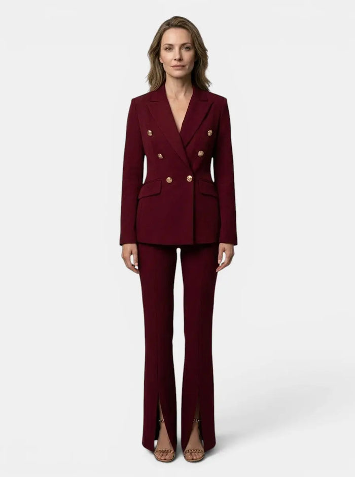 Women's elegant white suit with tailored double-breasted blazer and flared trousers, stylish women's suits by LondonLaneStore.