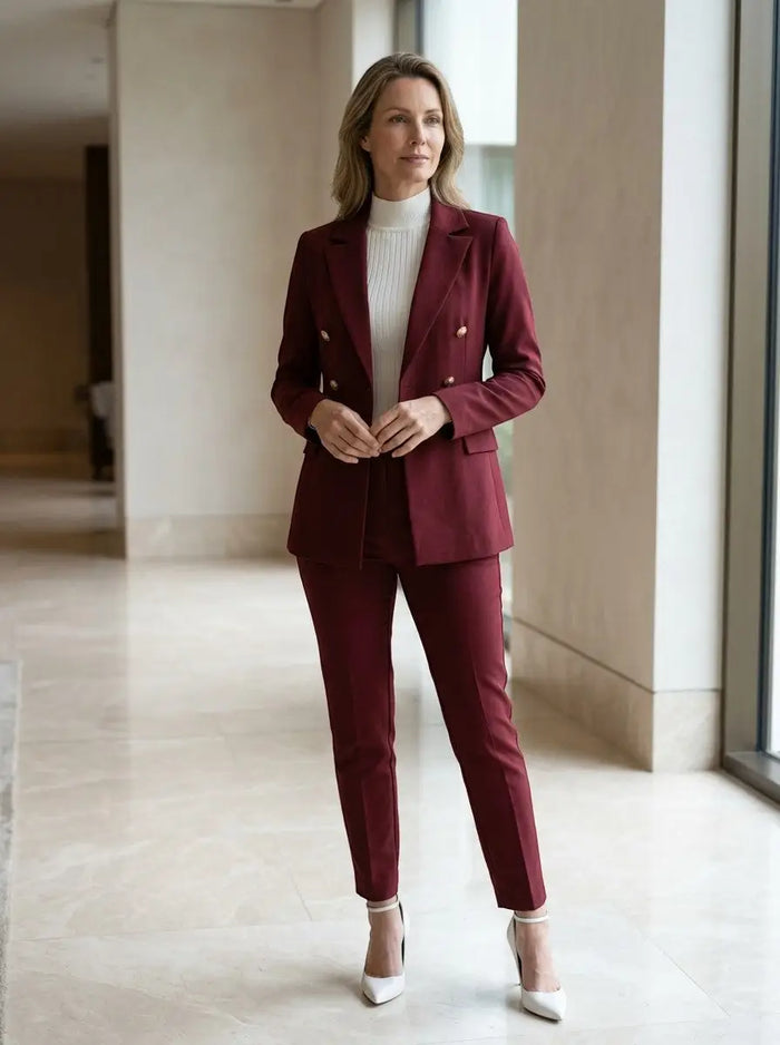 Women's tailored blazer suit set with slim-fit trousers, elegant design, suitable for all seasons, by LondonLaneStore.