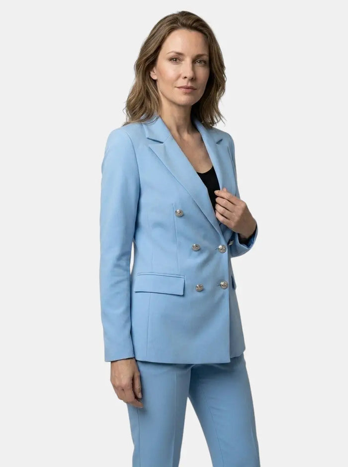 Women's tailored blazer suit set with slim-fit trousers, elegant design, suitable for all seasons, from LondonLaneStore.
