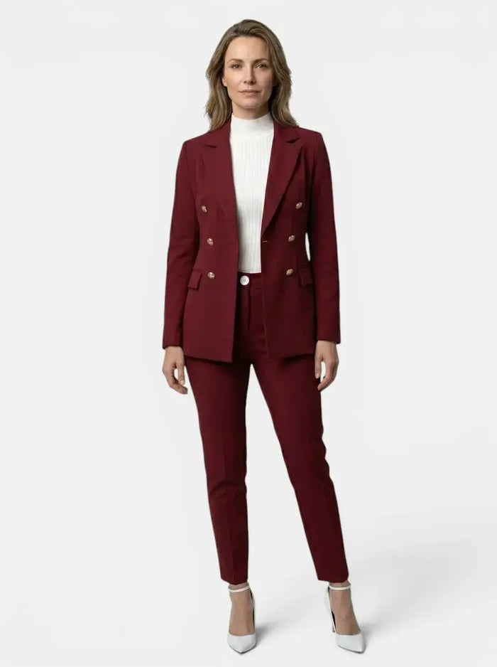 Elegant women's tailored blazer suit set with slim-fit trousers, suitable for all seasons, by LondonLaneStore.