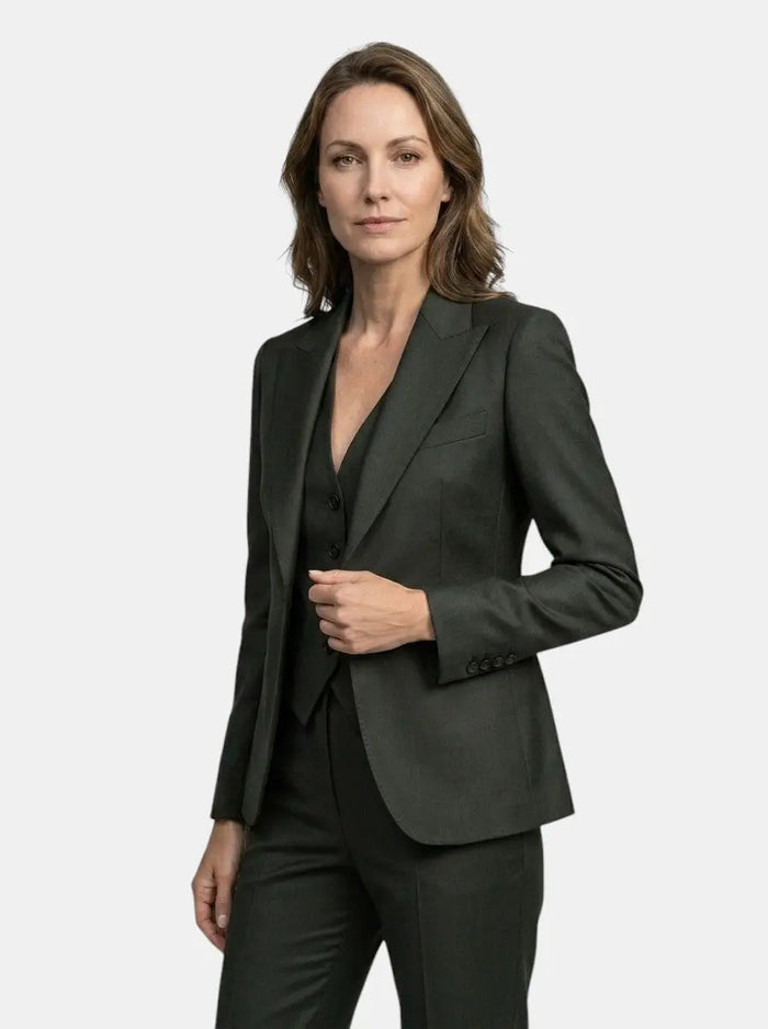 Elegant women's three-piece suit by LondonLaneStore featuring a tailored blazer, vest, and slim-fit trousers for all-season style.