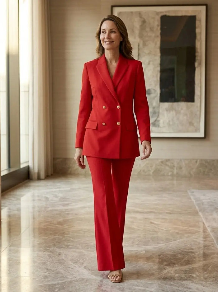 Elegant women's trouser suit by LondonLaneStore featuring a stylish double-breasted blazer and high-waist flared trousers.