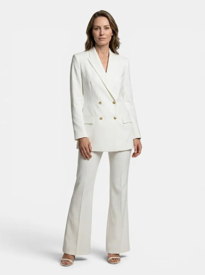 Elegant women's trouser suit featuring a stylish double-breasted blazer and high-waist flared trousers, perfect for professional or formal wear.