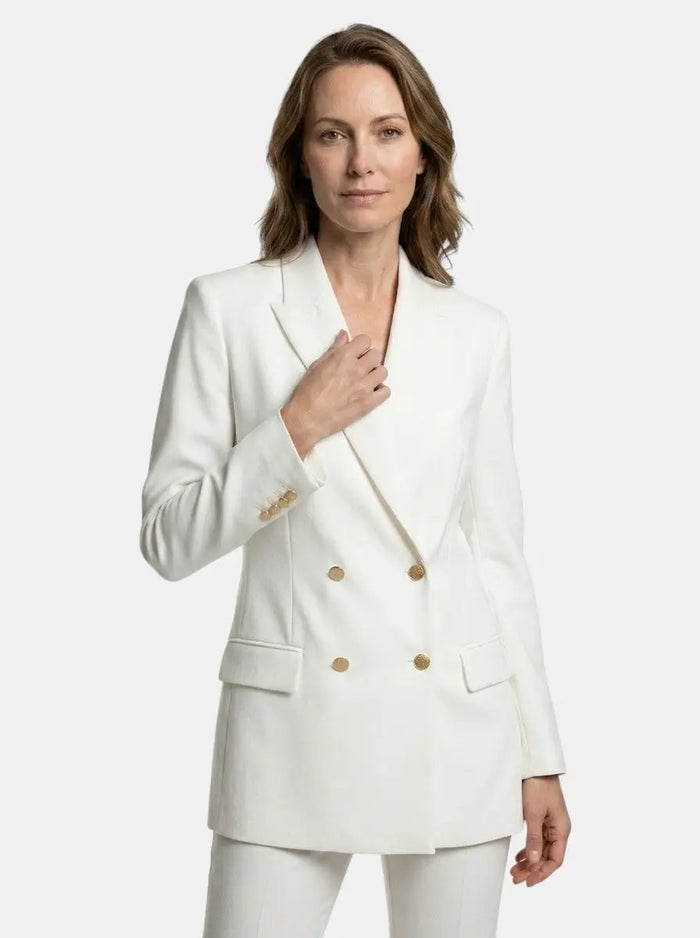 Women's elegant trouser suit featuring a stylish double-breasted blazer and high-waist flared trousers from LondonLaneStore.