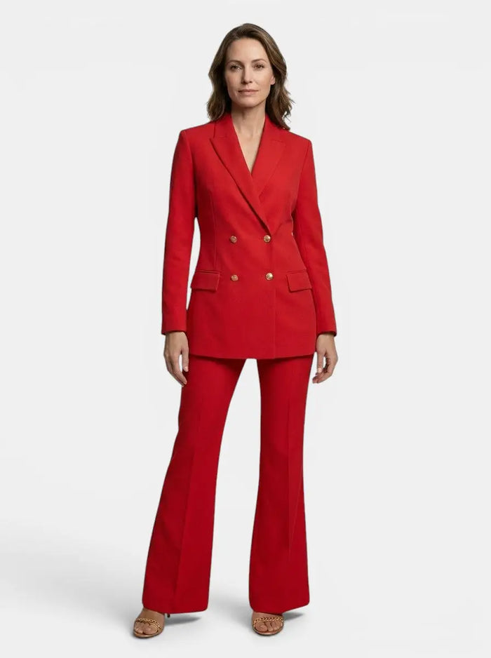 Women's elegant trouser suit with stylish double-breasted blazer and high-waist flared trousers, LondonLaneStore fashion set.